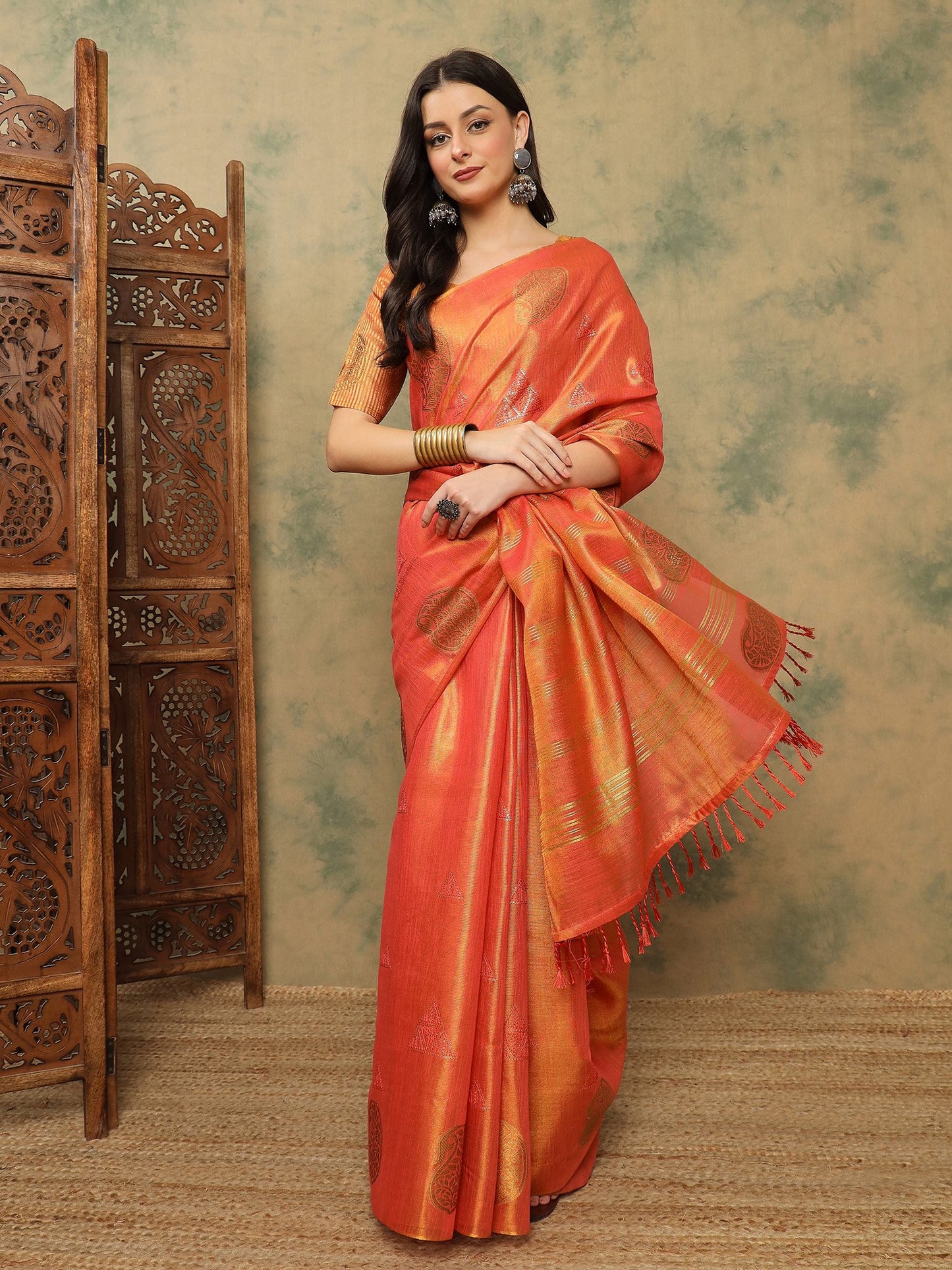 Coral Banarasi Linen Woven Saree