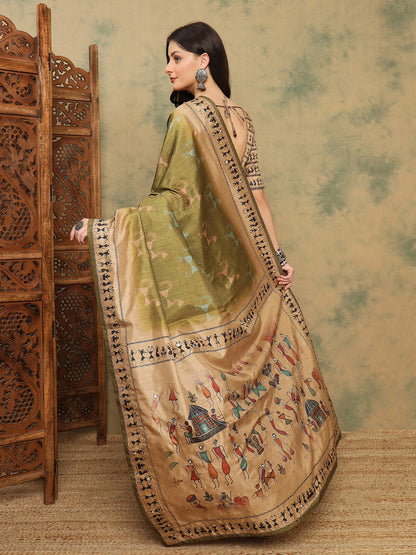 Olive Banarasi Silk Blend Digital Print Saree