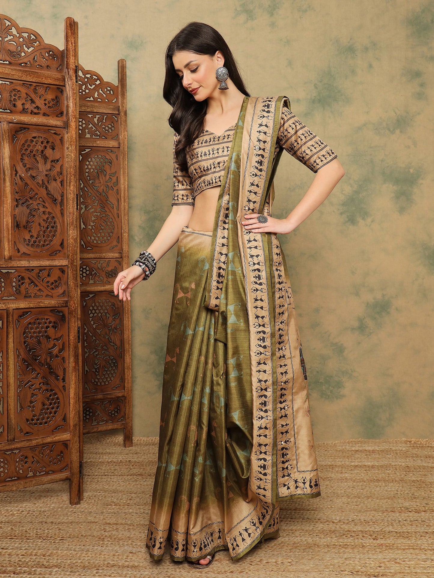 Olive Banarasi Silk Blend Digital Print Saree