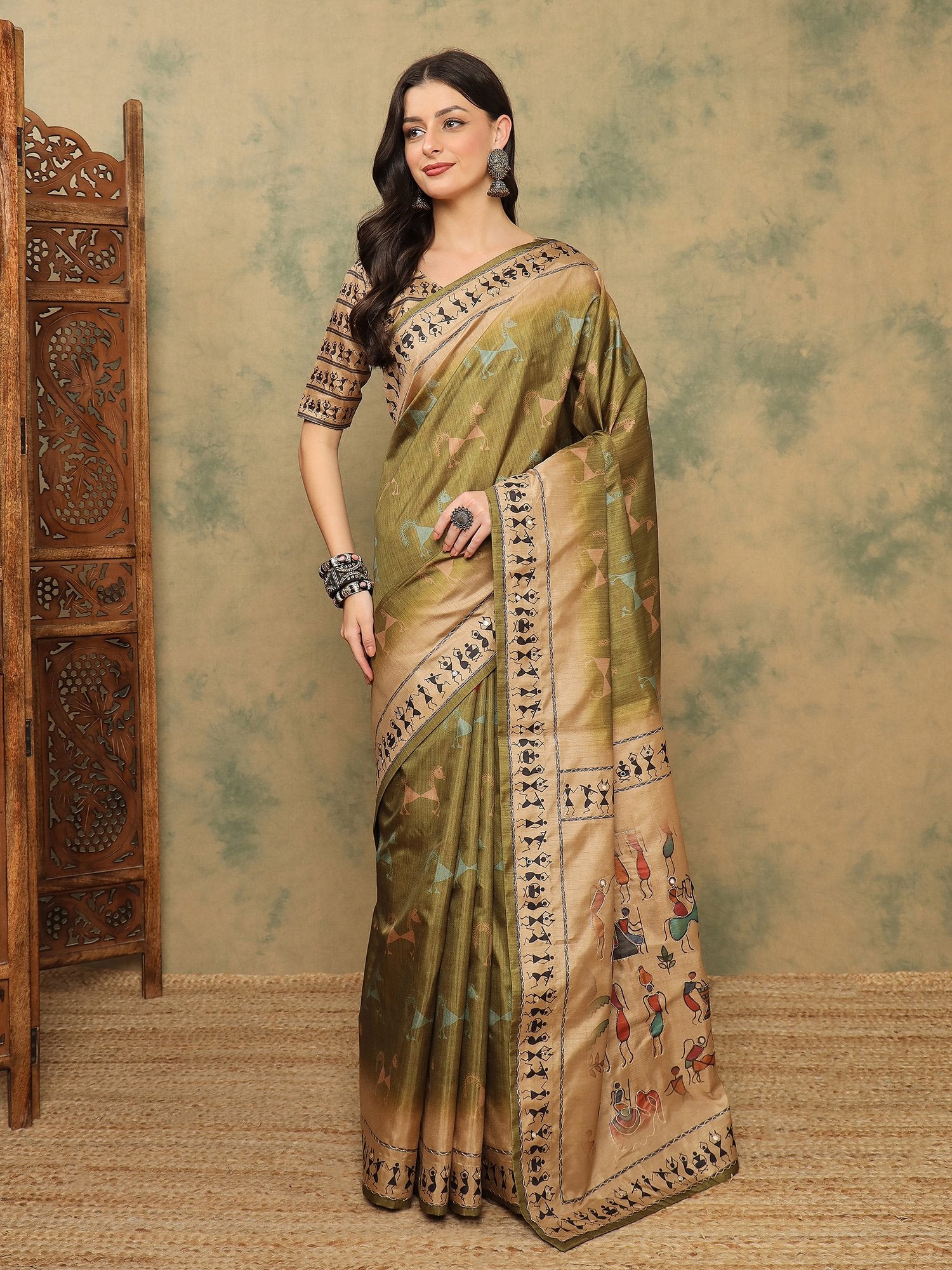 Green Olive Banarasi Silk Blend Digital Print Saree