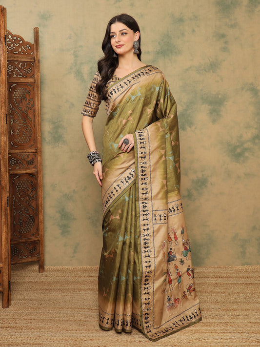 Green Olive Banarasi Silk Blend Digital Print Saree