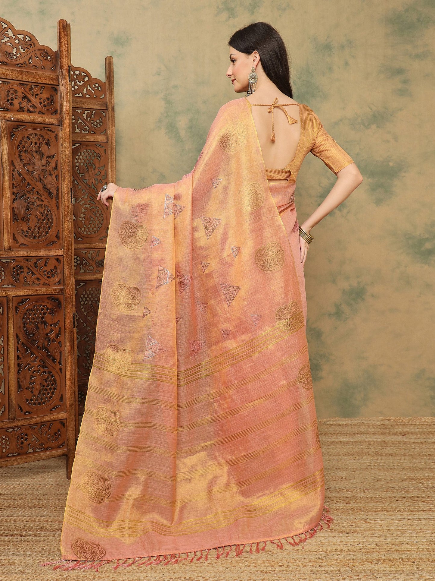 Pink Banarasi Linen Woven Saree