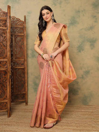 Pink Banarasi Linen Woven Saree