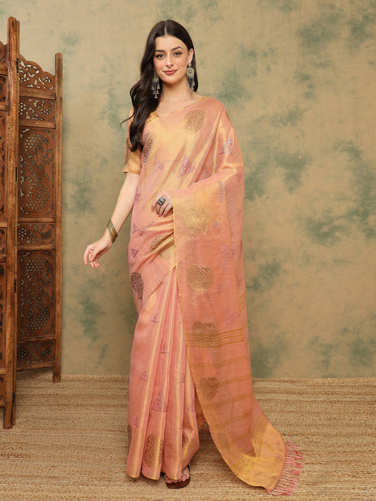 Pink Pink Banarasi Linen Woven Saree