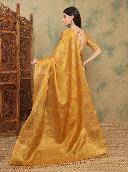 Mustard Banarasi Linen Woven Saree