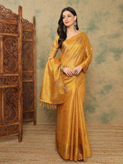 Mustard Banarasi Linen Woven Saree