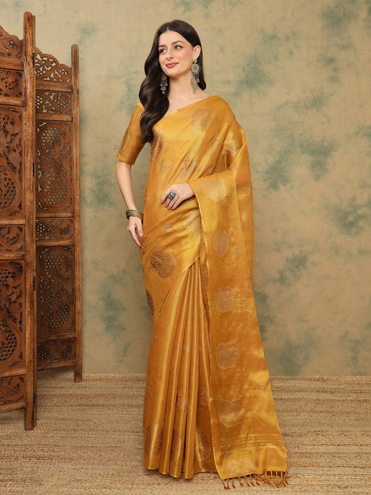 Yellow Mustard Banarasi Linen Woven Saree