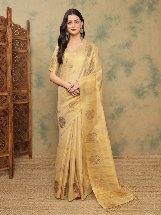 Cream Beige Banarasi Linen Woven Saree