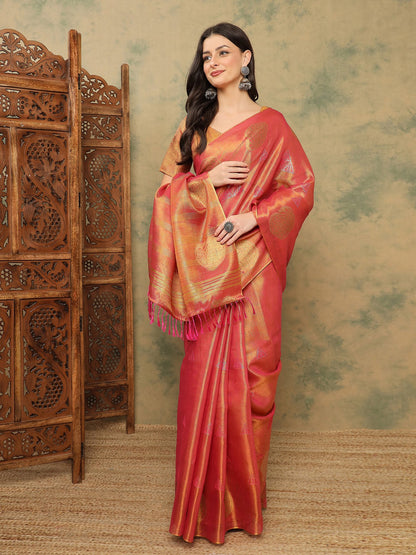 Pink Banarasi Linen Woven Saree