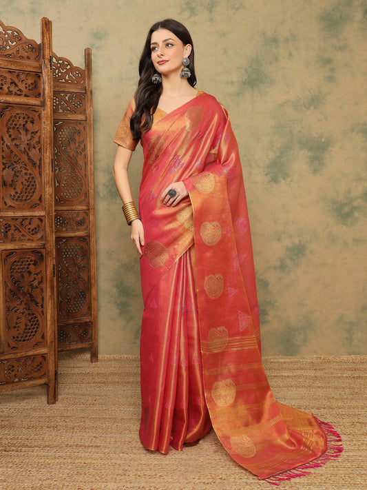Pink Pink Banarasi Linen Woven Saree