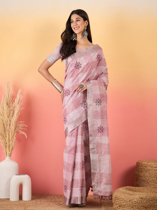 Pink Mauve Paithani Linen Woven Saree