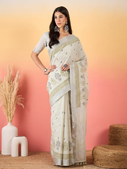 Grey Grey Paithani Linen Woven Saree