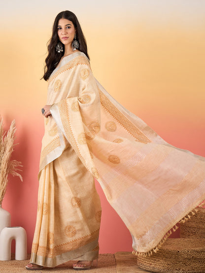 Cream Paithani Linen Woven Saree