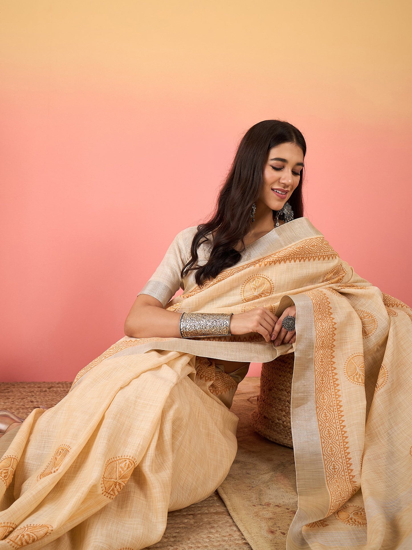 Cream Paithani Linen Woven Saree