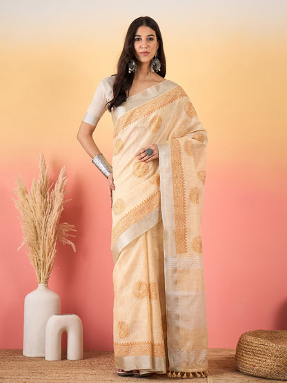 Cream Cream Paithani Linen Woven Saree