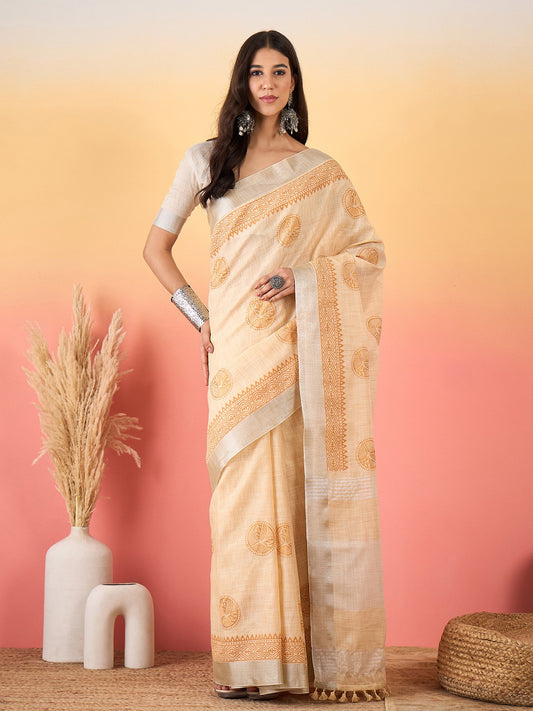 Cream Cream Paithani Linen Woven Saree
