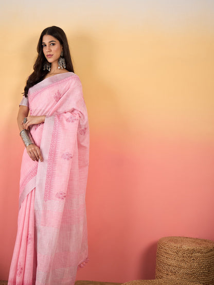 Pink Paithani Linen Woven Saree