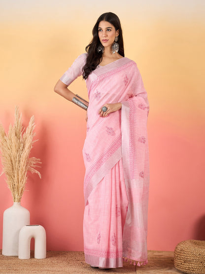 Pink Pink Paithani Linen Woven Saree