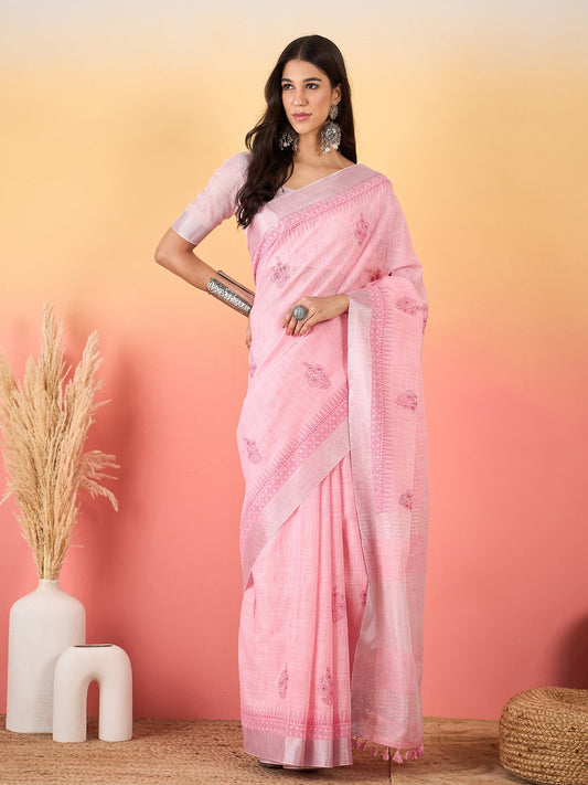 Pink Pink Paithani Linen Woven Saree
