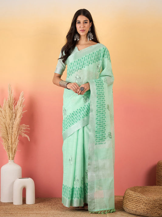 Green Turquoise Paithani Linen Woven Saree