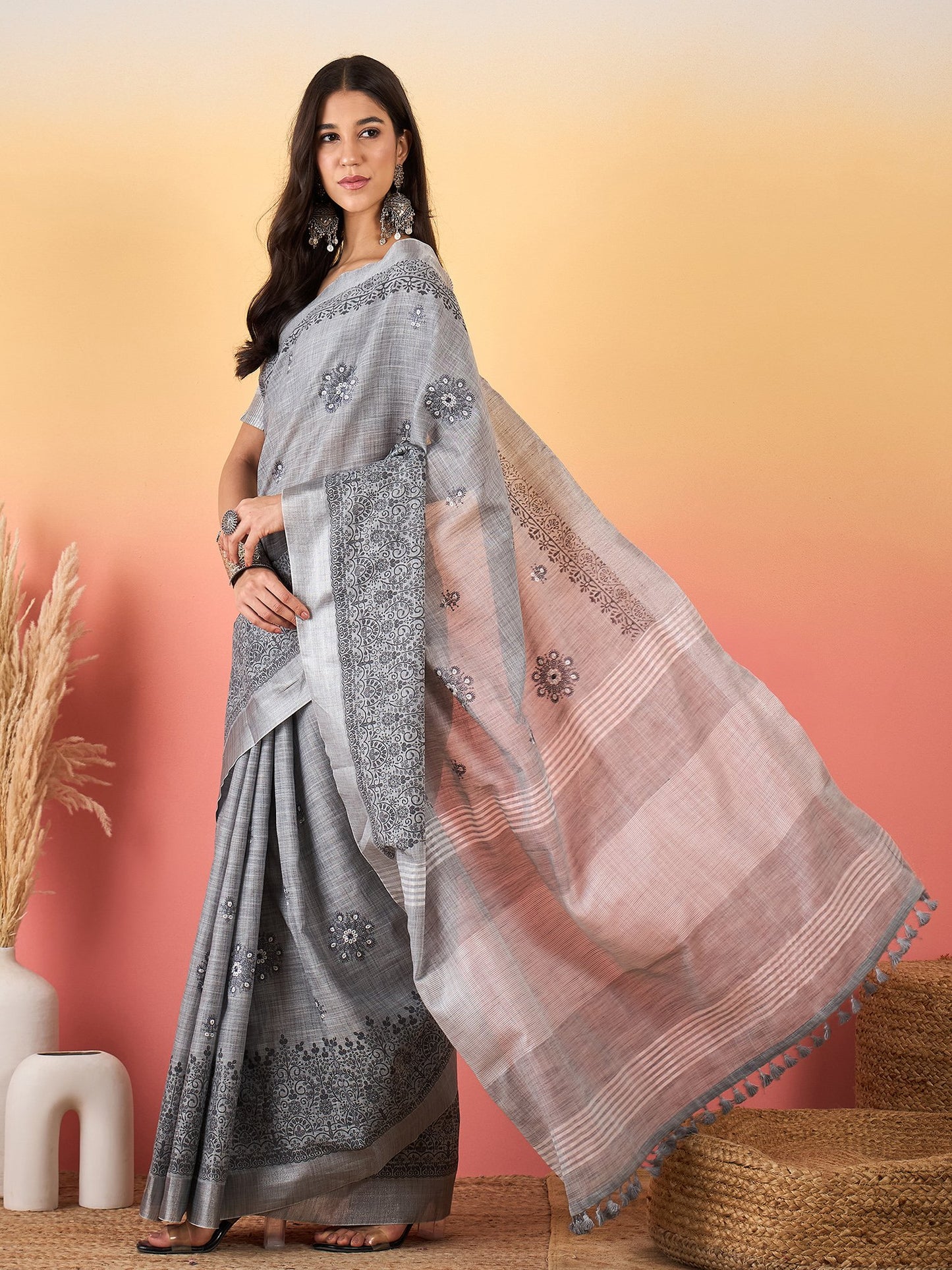 Grey Paithani Linen Woven Saree