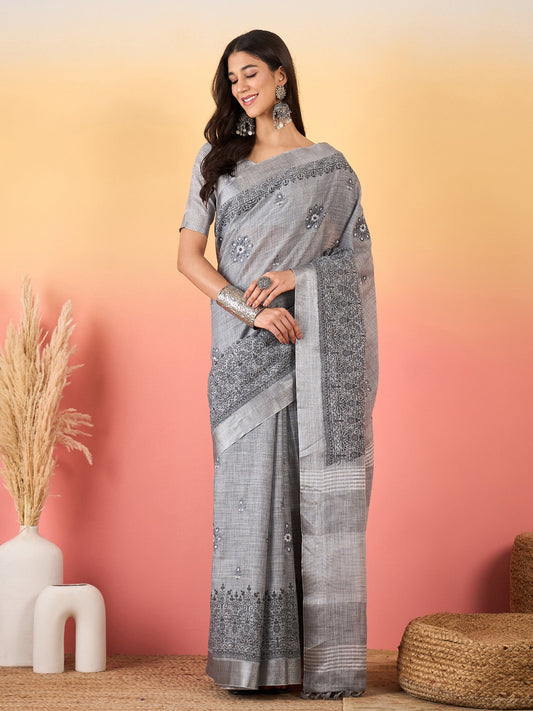 Grey Grey Paithani Linen Woven Saree
