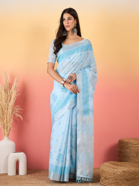 Blue Light Paithani Linen Woven Saree