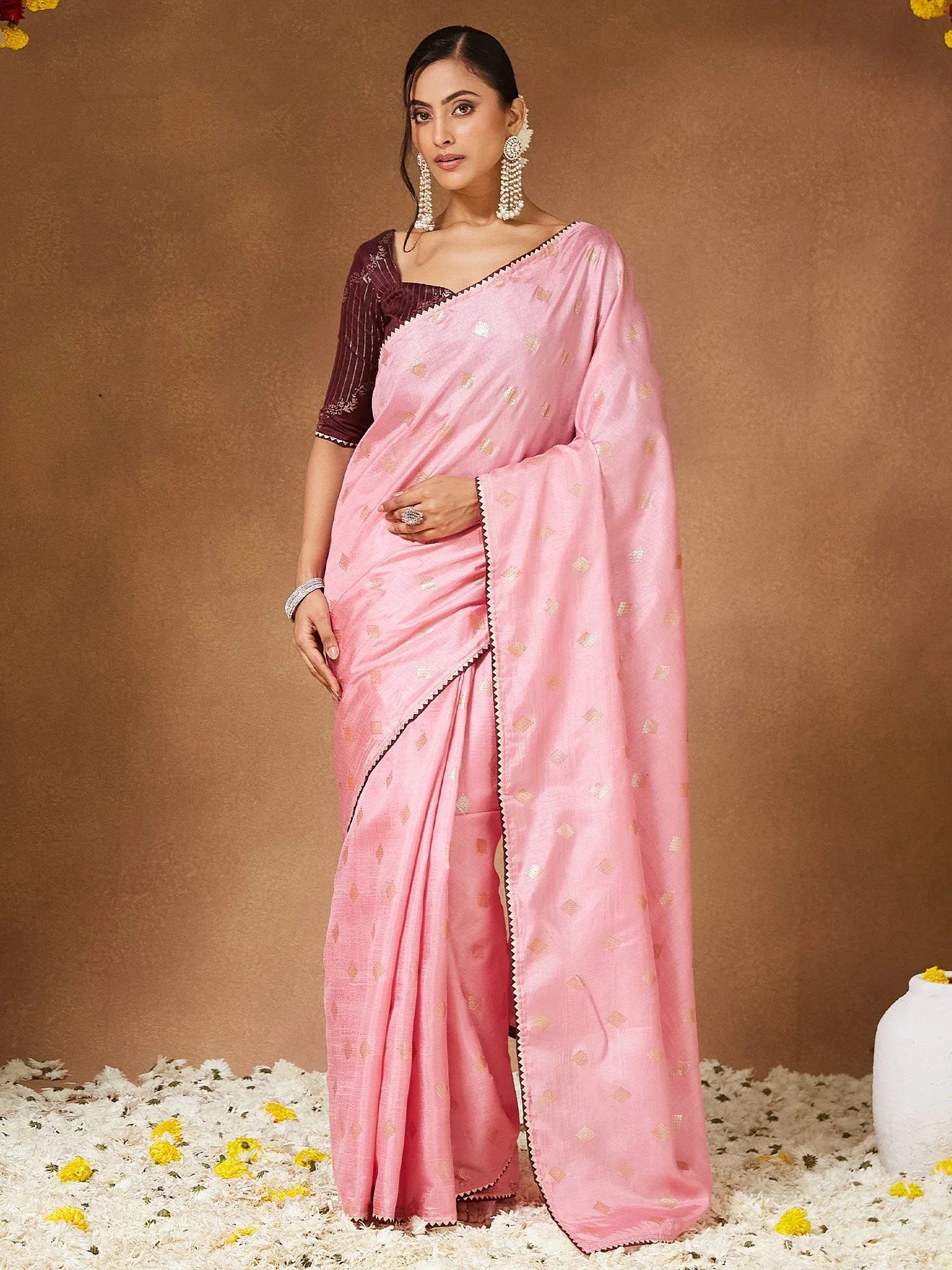 Pink Party Wear Georgette Solid Saree - The Dori Store