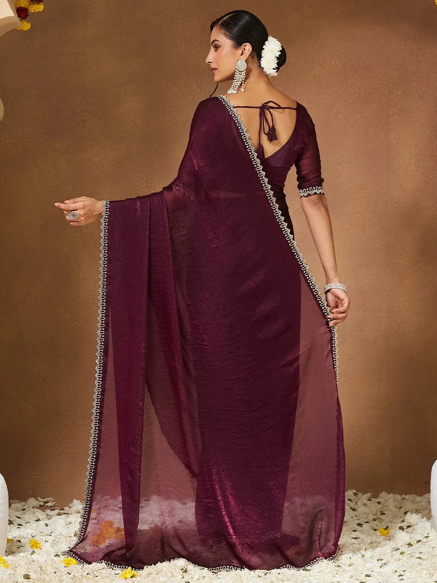 Purple Party Wear Chiffon Embellished Saree