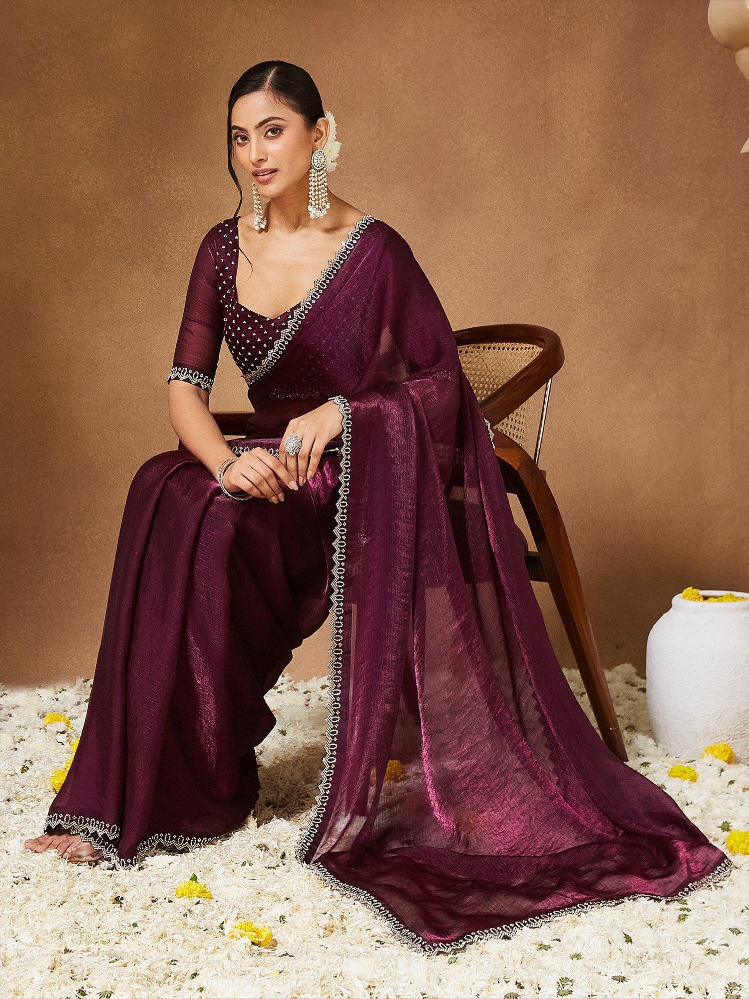 Purple Party Wear Chiffon Embellished Saree