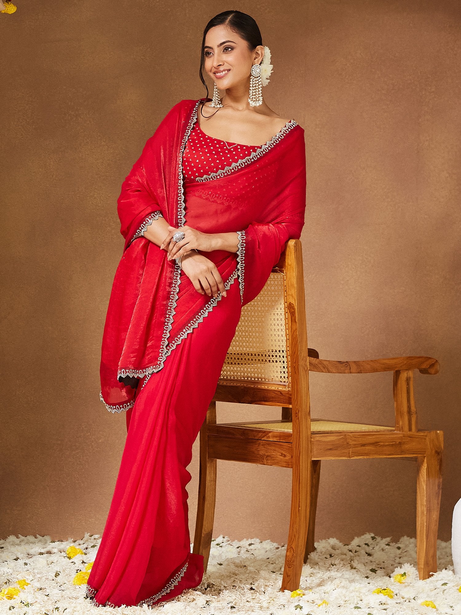 Red Party Wear Chiffon Embellished Saree