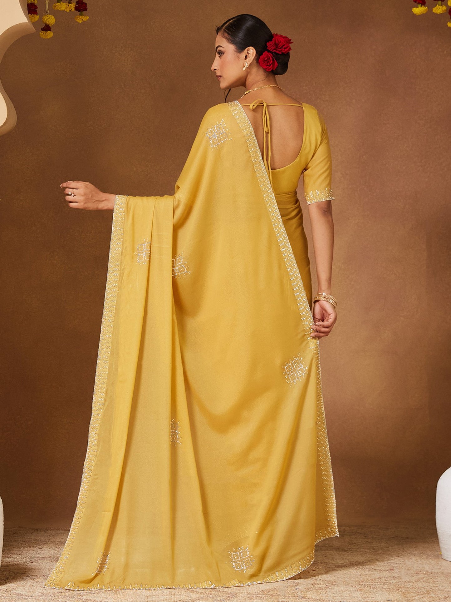 Yellow Party Wear Georgette Embellished Saree