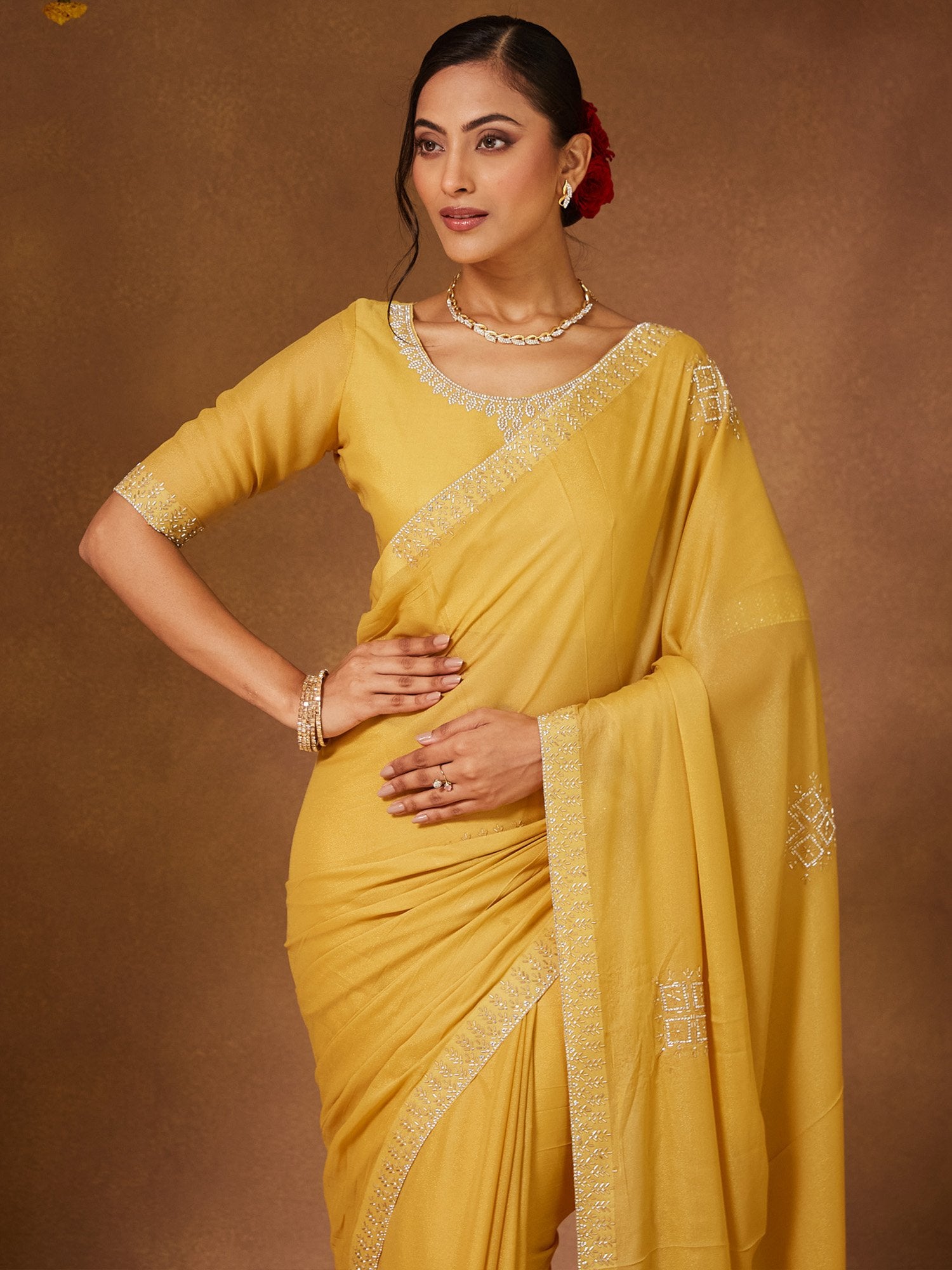 Yellow Party Wear Georgette Embellished Saree