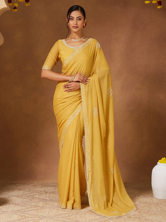 Yellow Yellow Party Wear Georgette Embellished Saree