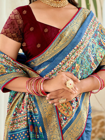 Teal Bhagalpuri Jacquard Printed Saree