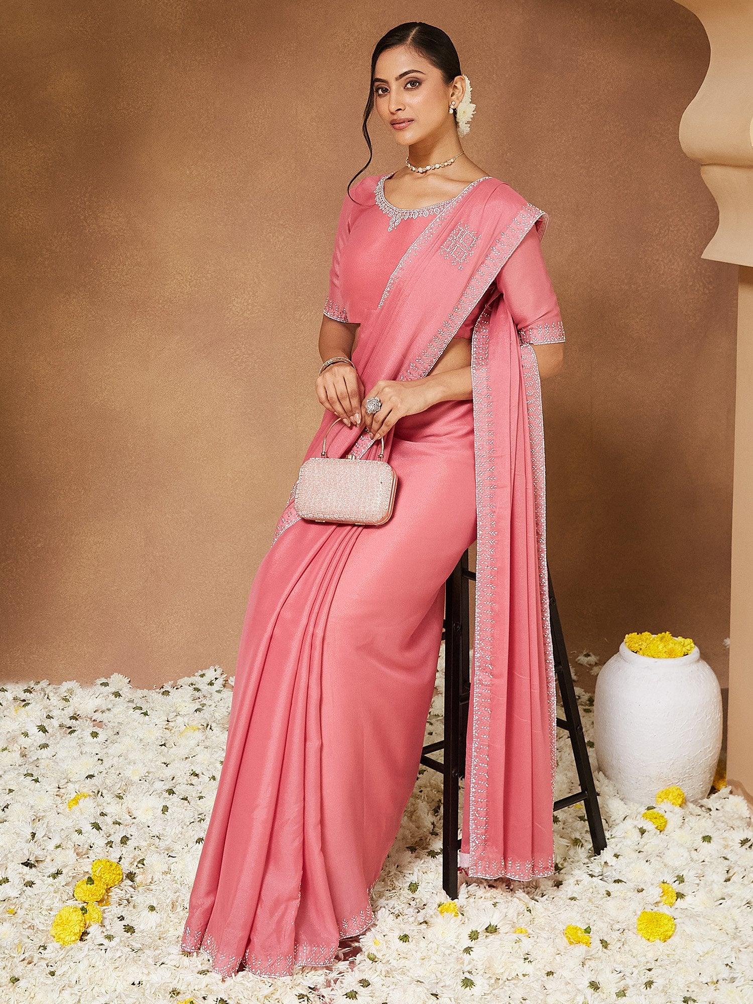 Pink Party Wear Georgette Embellished Saree - The Dori Store