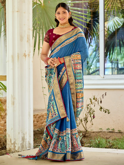 Teal Bhagalpuri Jacquard Printed Saree