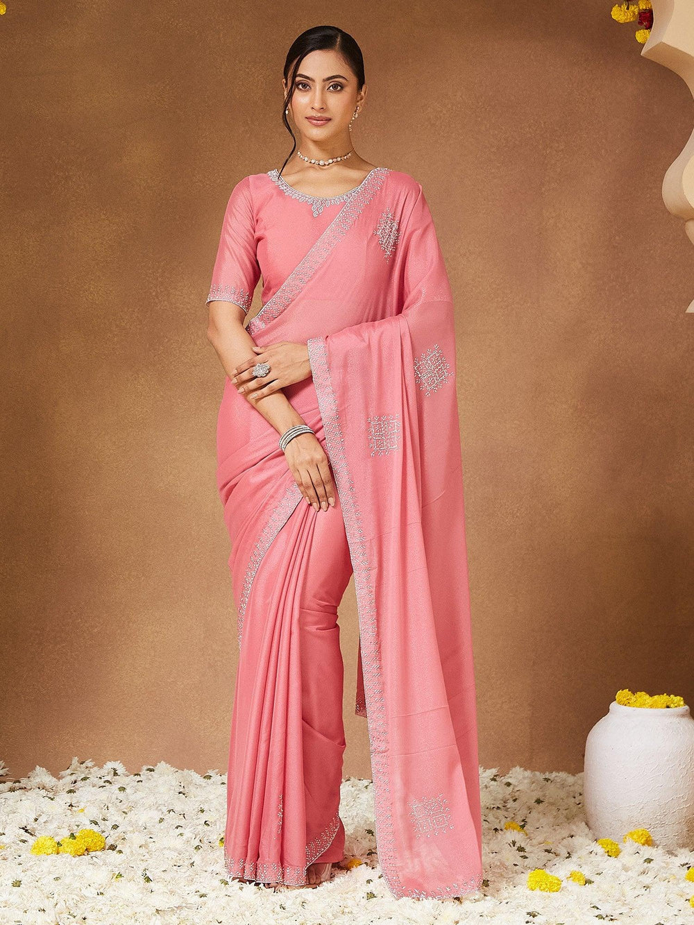 Pink Party Wear Georgette Embellished Saree - The Dori Store