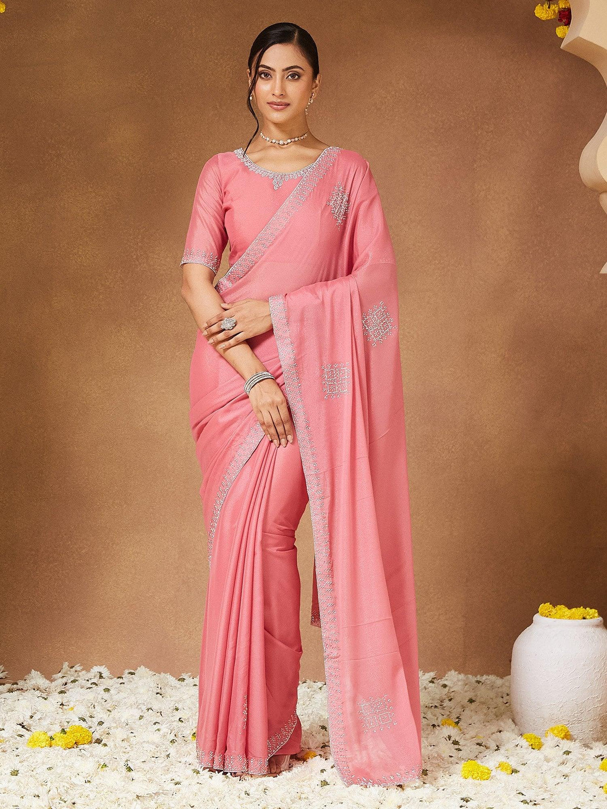 Pink Party Wear Georgette Embellished Saree - The Dori Store