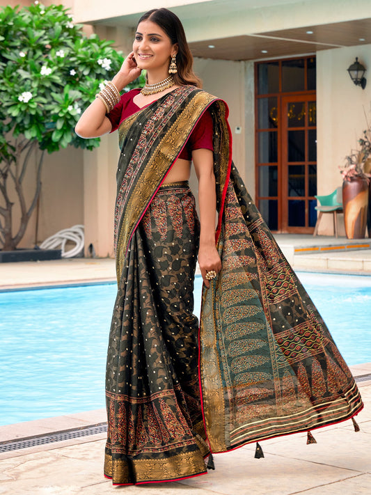 Black Black Bhagalpuri Jacquard Printed Saree