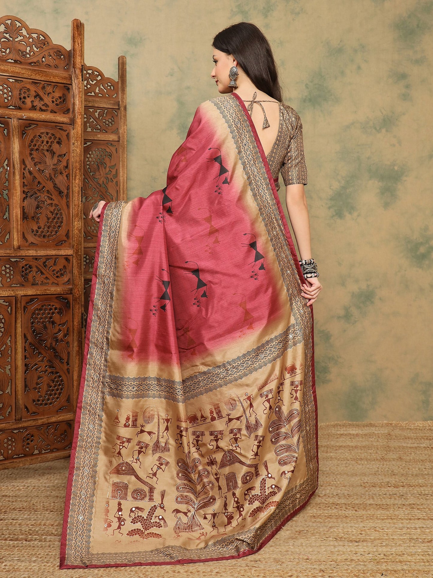 Red Banarasi Silk Blend Digital Print Saree
