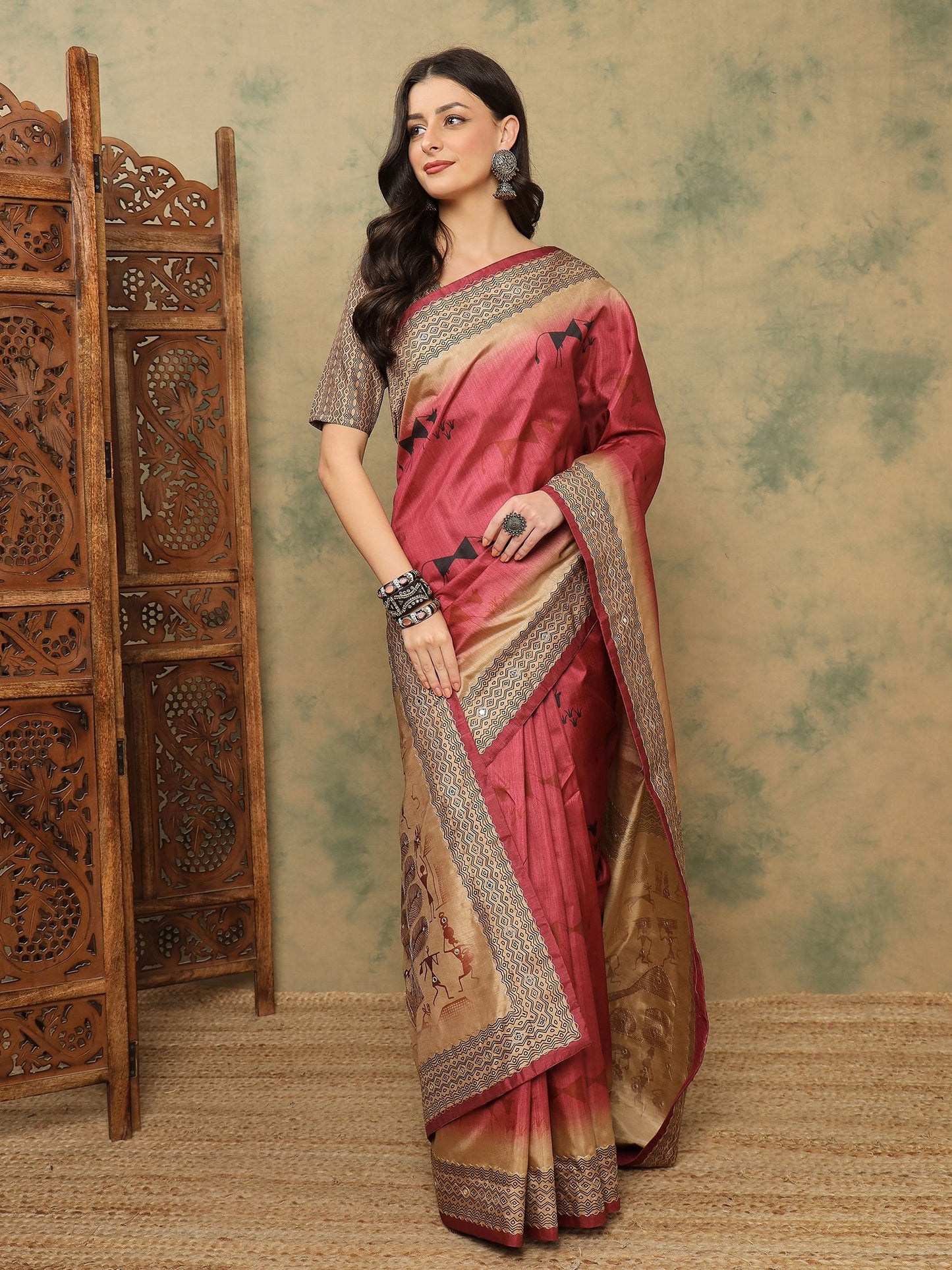 Red Banarasi Silk Blend Digital Print Saree