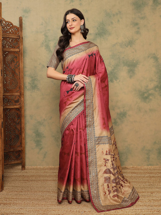 Red Red Banarasi Silk Blend Digital Print Saree