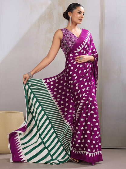Purple Banarasi Satin Printed Saree