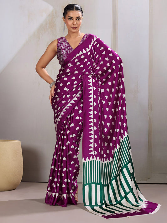 Purple Purple Banarasi Satin Printed Saree