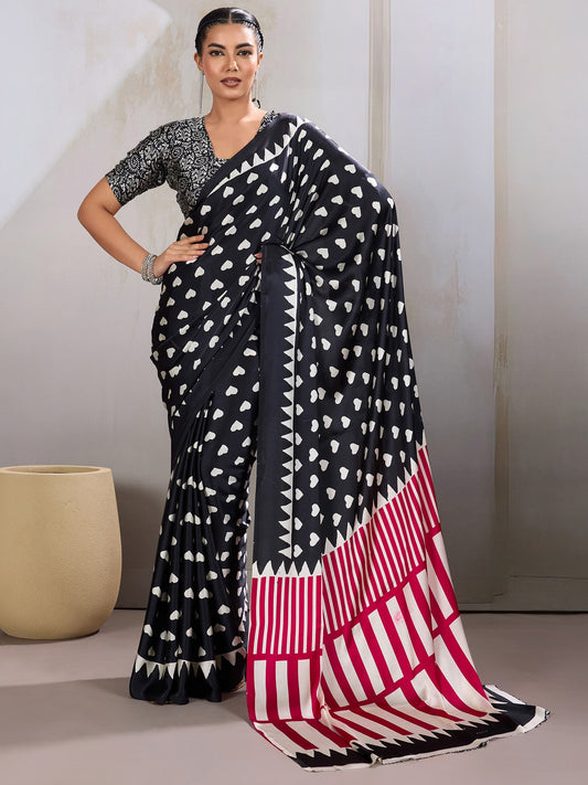 Black Black Banarasi Satin Printed Saree