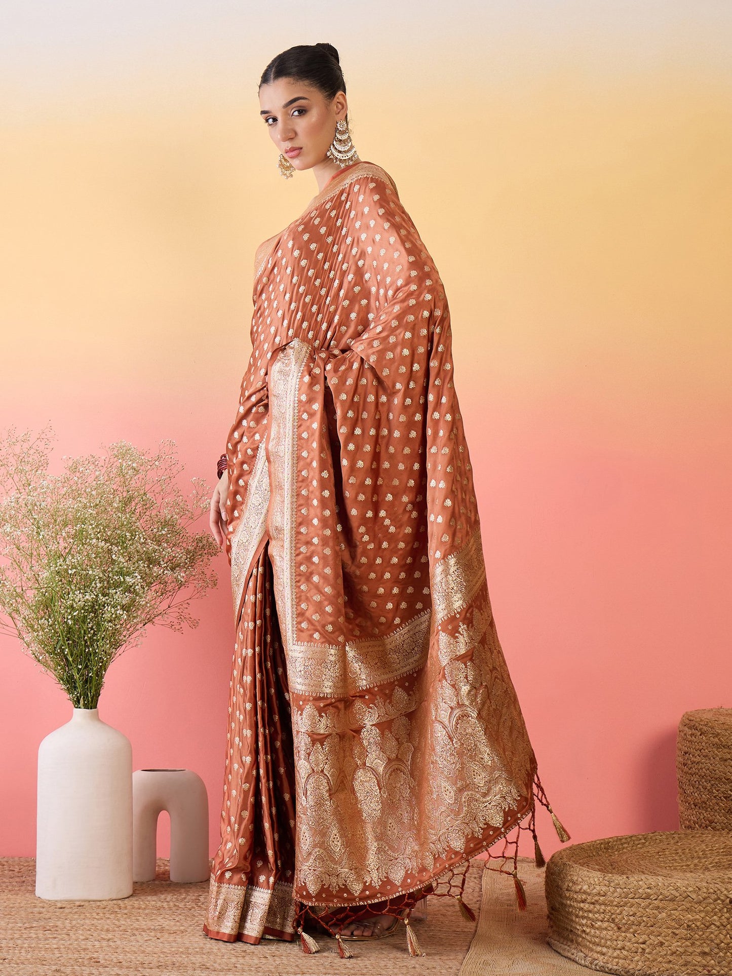 Brown Banarasi Satin Silk Woven Saree