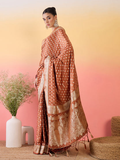 Brown Banarasi Satin Silk Woven Saree