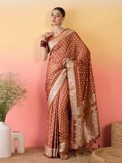 Brown Banarasi Satin Silk Woven Saree
