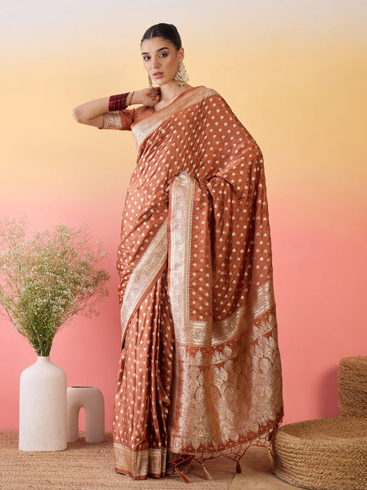Brown Brown Banarasi Satin Silk Woven Saree